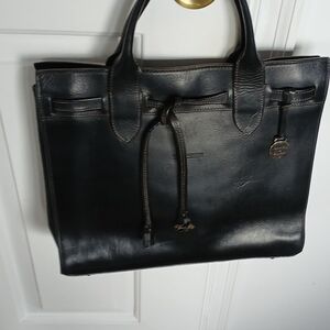 Black Leather Tote Bag with Drawstring Accent